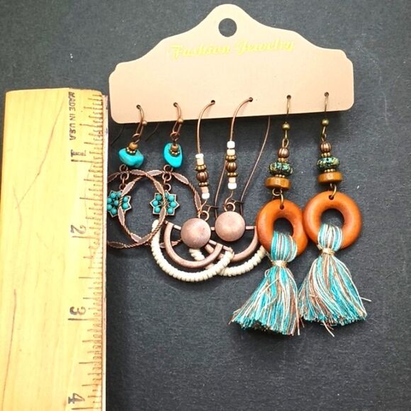 BRONZE wood beaded drop tassel earrings boho fringe tribal jewelry - Picture 3 of 4